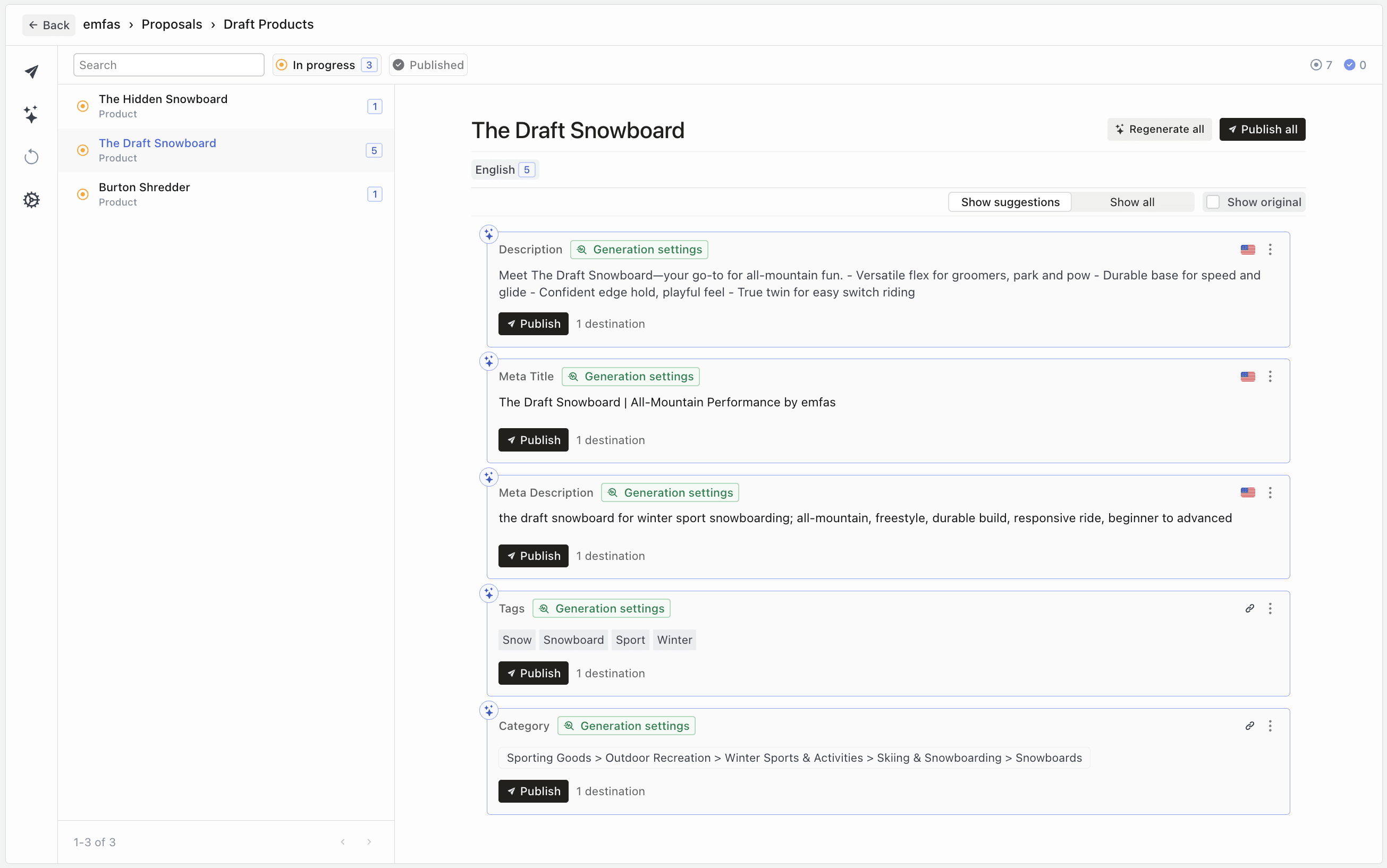 Bulk proposal view with products on the left and generated attributes on the right