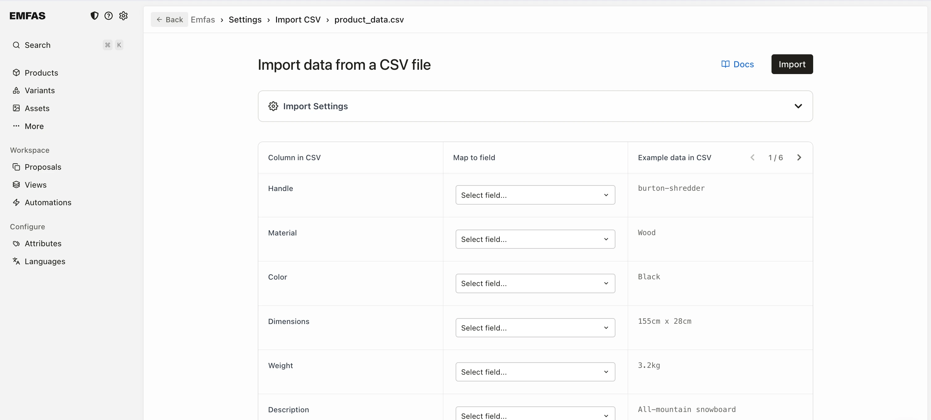 CSV column mapping screen showing three sections: CSV columns on the left, field selectors in the middle, and example data on the right