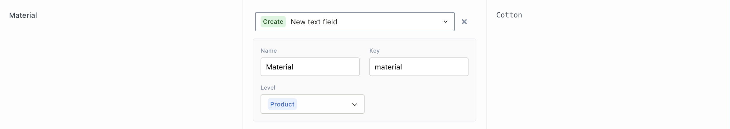 Create new field dialog showing field name and unique key input fields