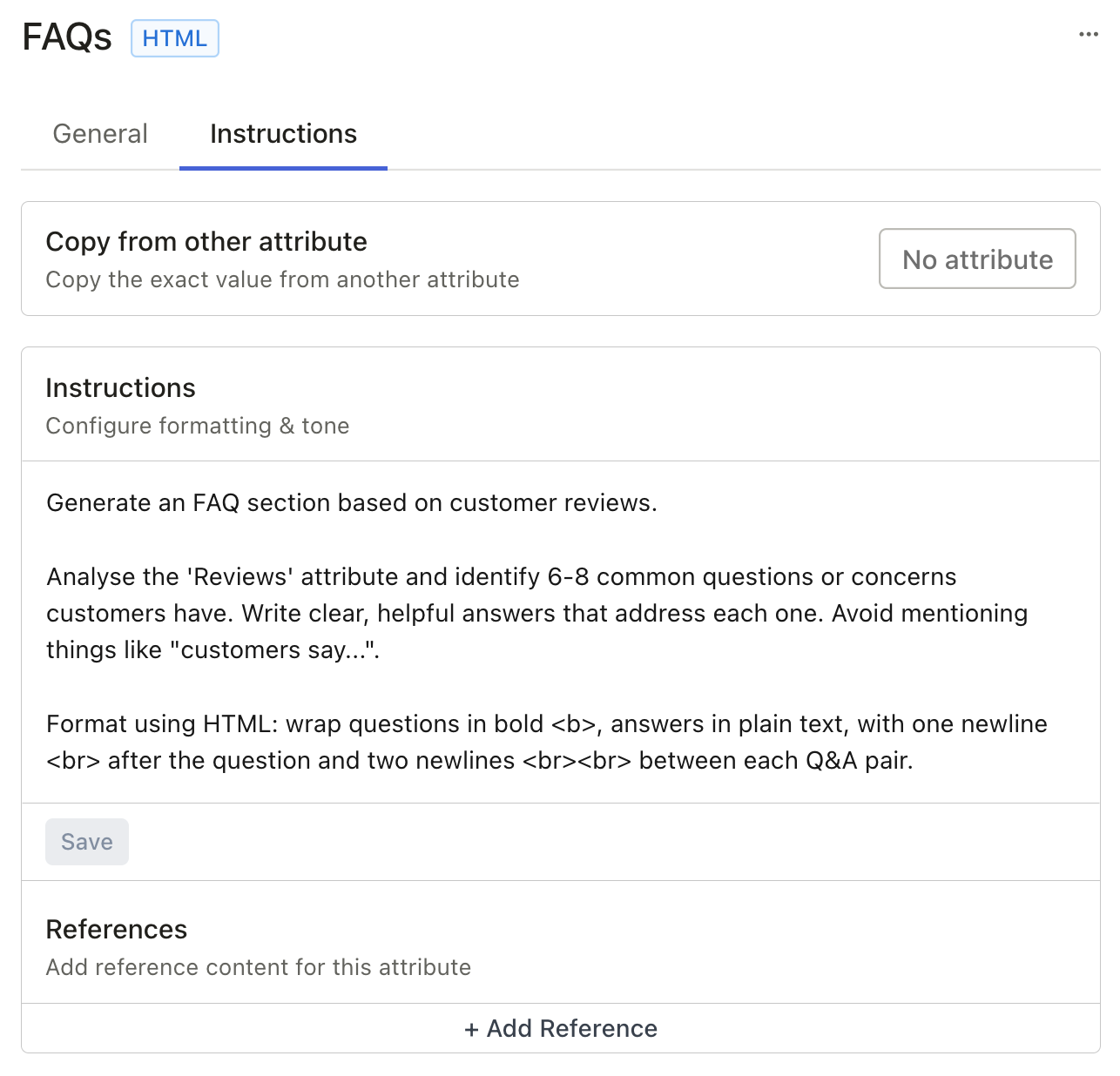 Example FAQ generation instructions in the attribute settings