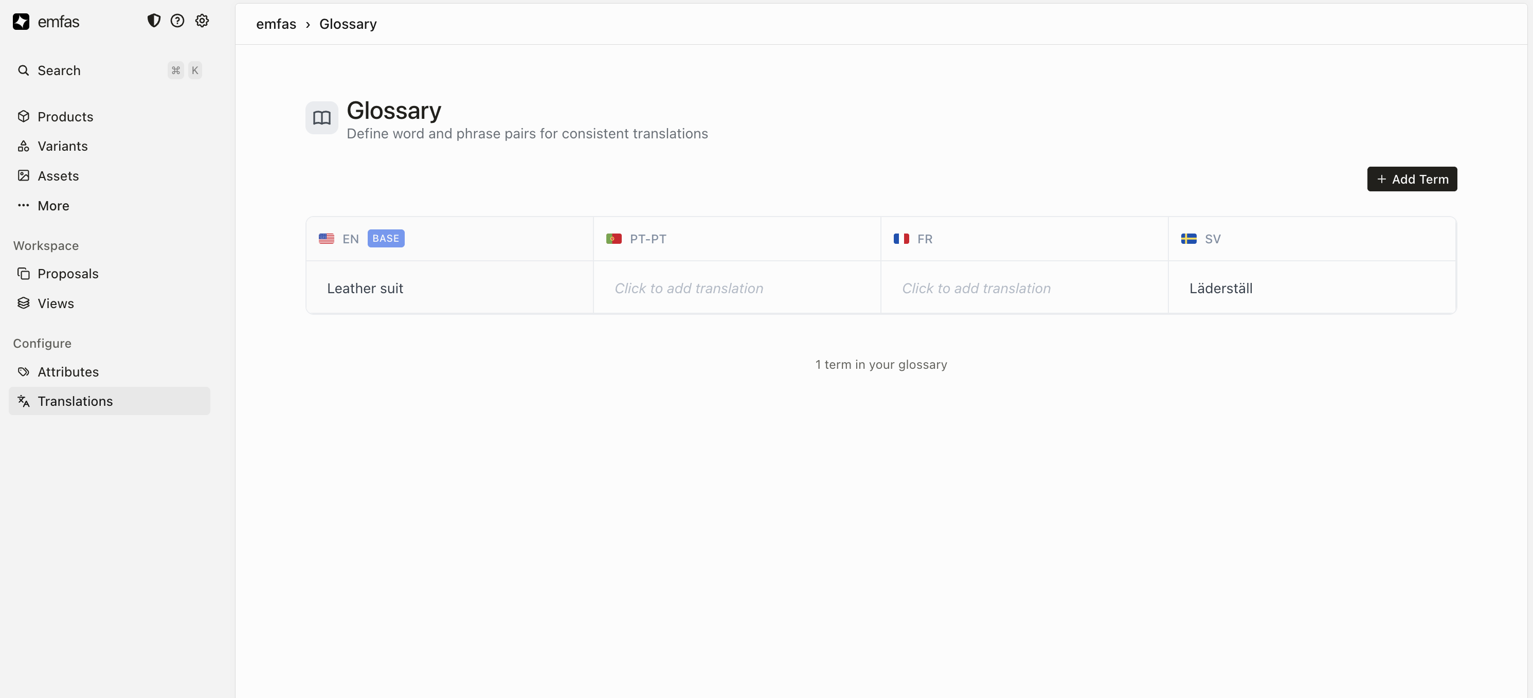 Glossary table showing base language terms and translation columns