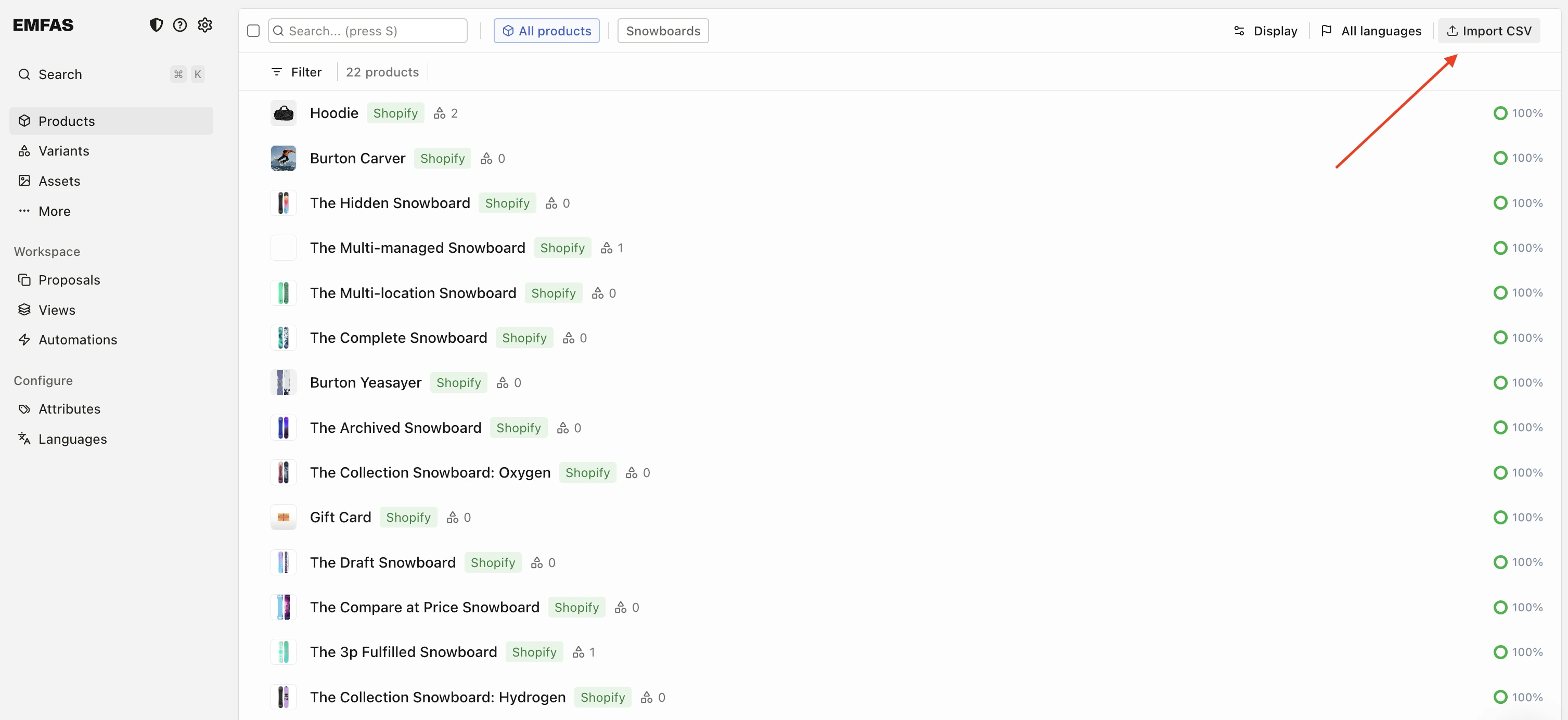 Import CSV button in the top right corner of the product catalog