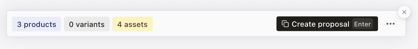 Selection summary showing 3 products, 0 variants, and 4 assets